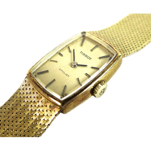212 - A Tissot Stylist 18ct gold cased lady's wristwatch, circa 1970s, the cushioned rectangular dial with... 