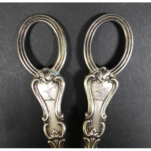 15 - A pair of Victorian silver grape shears, inscribed with 'Fernside to Belmont' and two armorial crest... 