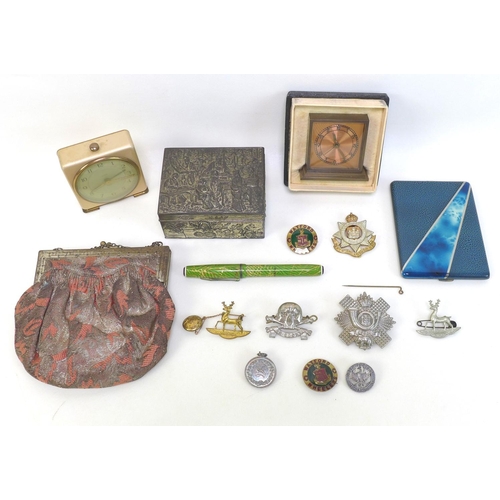9 - A group of collectables, including two travel clocks, an evening bag, a Chinese white metal box, a c... 