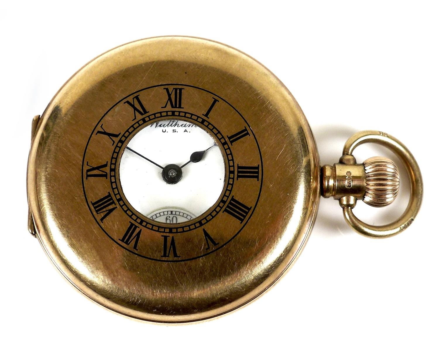 An American Waltham 9ct gold half hunter pocket watch, model 1908, No ...