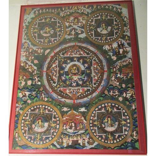 Thanka from Nepal showing the life of Buddha . 92 x 72cm. 1974 Notes: This Thanka was given to Alastair and Hazel in 1971 by the nephew of King Birenda as a present to tempt them to stay on in Kathmandu to set up a craft export organisation. It was painted by the famous and at the time the very best Thanka painter, Sri Serestha.