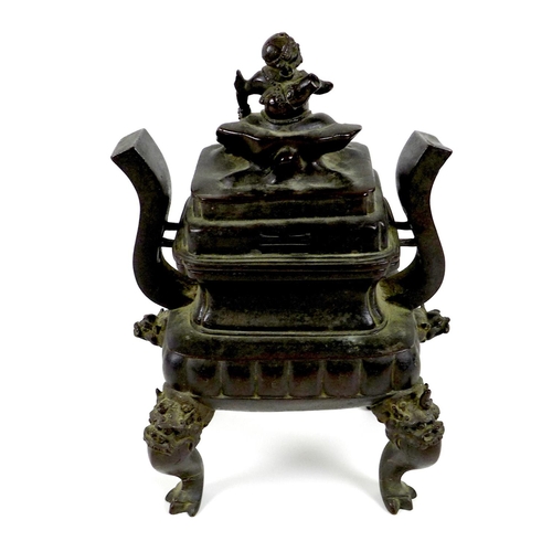 1 - A Chinese bronze censer, late Ming / early Qing Dynasty, of archaic form with two high stylised hand... 