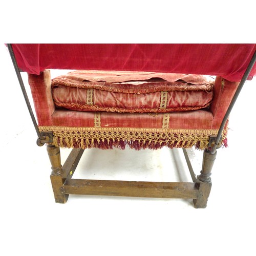 360 - A 17th century day bed, with turned oak frame, pegged joints, iron adjustable supports, seemingly or... 