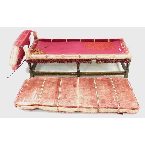 360 - A 17th century day bed, with turned oak frame, pegged joints, iron adjustable supports, seemingly or... 