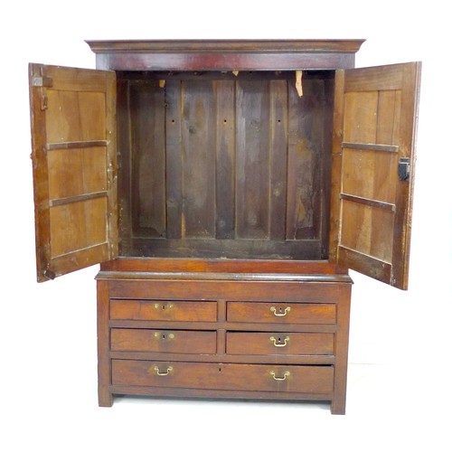358 - A Georgian oak linen press, with twin door top section without slide drawers and adapted into a ward... 
