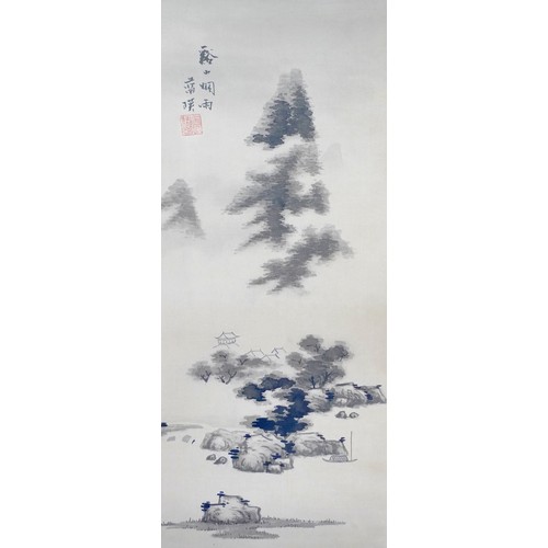 60 - Chinese school (20th century): scroll painting, depicting rain clouds above a mountain top settlemen... 