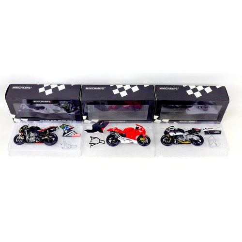 64 - Three Minichamps 1/12 scale motorbikes, comprising a limited edition Ben Spies, Tech 3 Yamaha YZR-M1... 