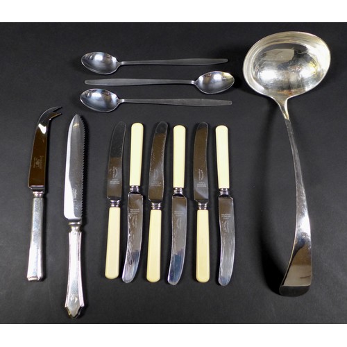 52 - An Art Deco silver suite of cutlery, comprising three tablespoons, 21.3cm, two sauce ladles, 17.5cm,... 