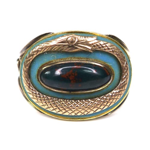 311 - A 9ct gold ring of ouroboros design, likely Victorian, the central oval plaque of turquoise enamel w... 