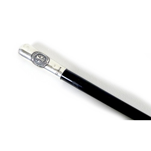 50 - An Edwardian silver mounted swagger stick, ebonised shaft with silver handle and cap, for The St Joh... 