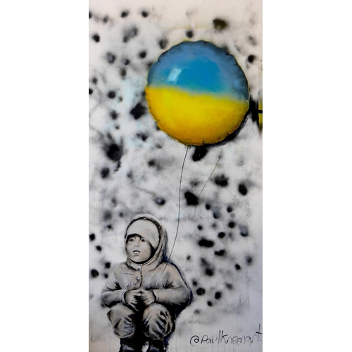 Paul Kneen (British, b. 1974): 'A Peace of Art', a street artwork depicting a crouching child holding a helium balloon in the colours of the Ukrainian Flag, spray paint, acrylic and marker pen on board, signed lower right, unframed, 244 by 122cm.
Notes: Being sold to provide aid for Ukrainian Refugees, in conjunction with South Kesteven District Council with support from Stamford Diversity Group. 
Zero Buyer's Premium and Zero Selling Fees meaning that every penny raised by the sale of the painting will go to this worthy cause.

Provenance: This street art board was painted on Sunday 13th March by Paul Kneen during Stamford's Korpfest, supported by Art Pop-Up on Sunday in Red Lion Square, funded by a grant from South Kesteven District Council's Welcome Back Fund.

Paul Kneen is currently exhibiting at Peterborough Museum as part of 'Urban' which features street art greats such as Banksy and Damien Hirst.

Read the article in Stamford Mercury here:
https://www.stamfordmercury.co.uk/news/amp/artwork-to-be-auctioned-to-help-refugees-9244619/

This incredible artwork is available to view in the Wilfrid Wood Gallery at Stamford Arts Centre until 7th May.