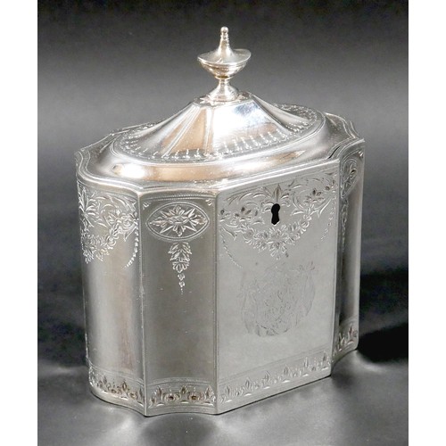 37 - A George III silver tea caddy, of decagon section with caddy top and small urn finial, decorated wit... 