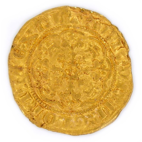 74 - An Edward III gold quarter-noble coin, trans treaty period 1361-1369, cross mint mark, 2.0g, 0.6mm b... 