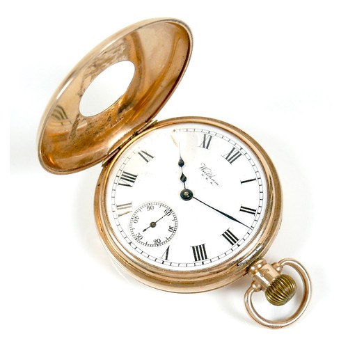 89 - A 9ct gold Waltham half hunter pocket watch, circa 1910, keyless wind, the white enamel dial with bl... 