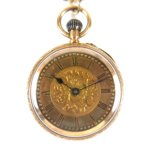 88 - An 18ct gold cased pocket watch, foliate engraved, Roman numerals, the face set with white stones to... 