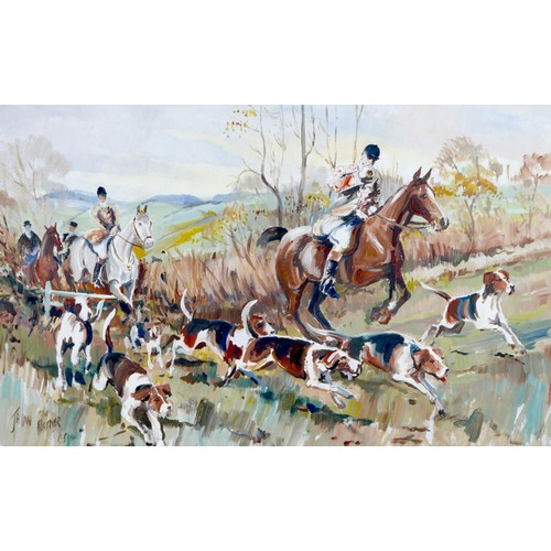 66 - Jason Partner (British, 1922-2005): a hunting scene, signed and dated '65' lower left, acrylic / oil... 