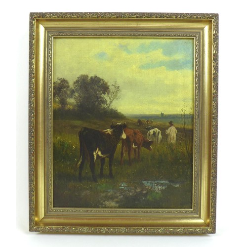 88 - William Frederick Hulk (Dutch, 1852-1906): country scene with cattle tended by a farmer, signed lowe... 