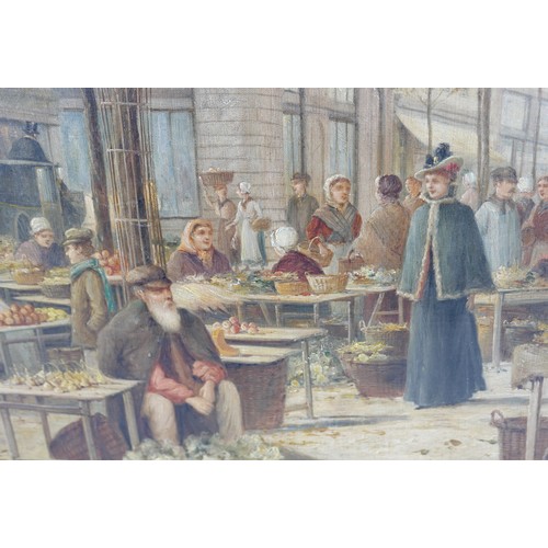 103 - William Raymond Dommersen (British, 1859-1927): 'The Place des Halles, Paris', a Parisian street sce... 