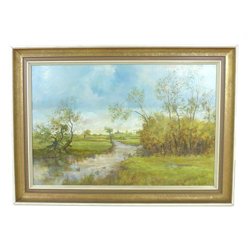 61 - A 20th century landscape of a countryside river scene, depicting a winding river in between fields, ... 