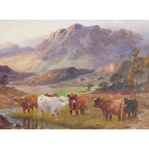 82 - Charles W. Oswald (British, active 1892-1900): Highland cattle scene, depicting six animals grazing ... 