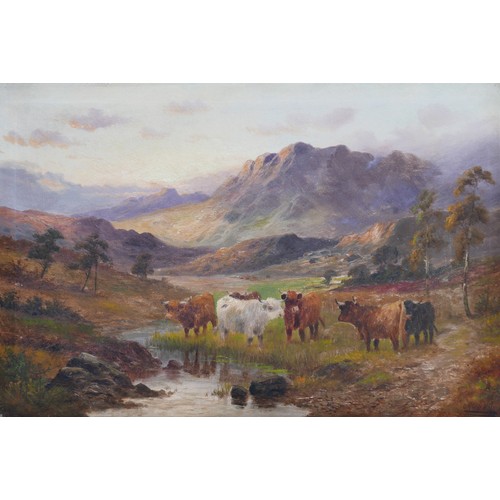 82 - Charles W. Oswald (British, active 1892-1900): Highland cattle scene, depicting six animals grazing ... 