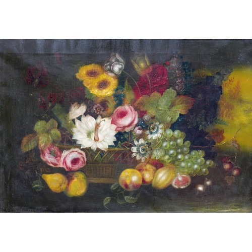 97 - Edwin Steel (British, 1805-1871): still life, depicting flowers and fruit in a basket, signed and da... 