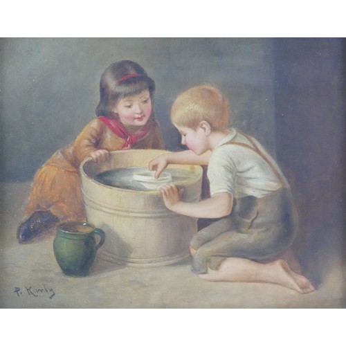 84 - P. Karby (19th century): two scenes of children playing, a pair of oils on panel, one depicting two ... 