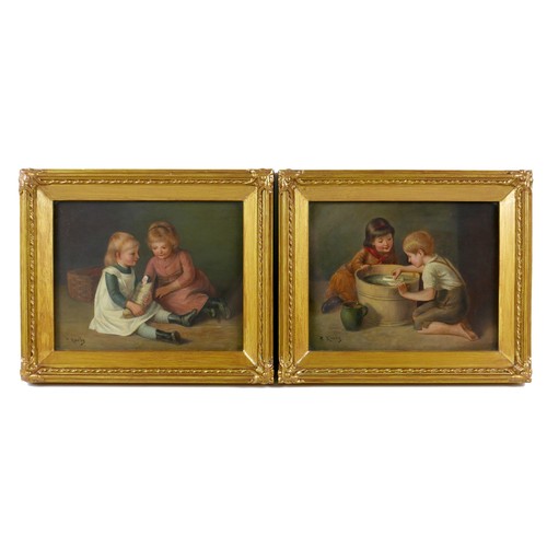 84 - P. Karby (19th century): two scenes of children playing, a pair of oils on panel, one depicting two ... 