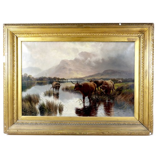 102 - Henry Robinson Hall (British, 1859-1927): 'Highland Cattle, Loch Lomond', depicting five animals gra... 