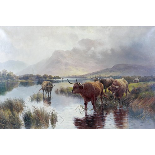 102 - Henry Robinson Hall (British, 1859-1927): 'Highland Cattle, Loch Lomond', depicting five animals gra... 