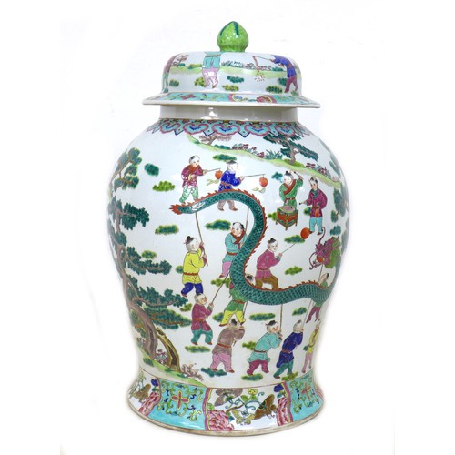 4 - A large Chinese porcelain baluster vase and cover, mid to late 20th century, painted in coloured ena... 