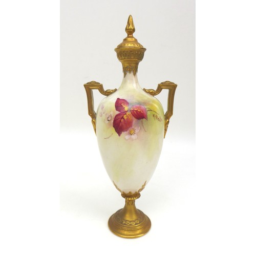 47 - Two pieces of Royal Worcester by Kitty Blake, comprising a trumpet vase, painted with Autumn fruit, ... 