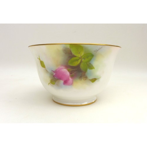 35 - A Royal Worcester bowl, hand painted with pink roses to bowl interior and exterior, signed 'M. Lande... 