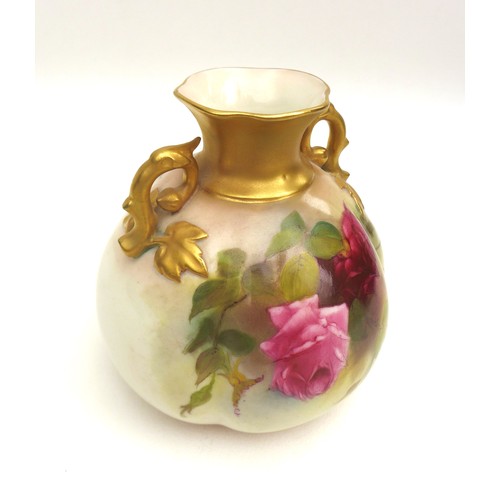 58 - A Royal Worcester twin handled vase, with quarter lobed body, decorated all round with roses, signed... 