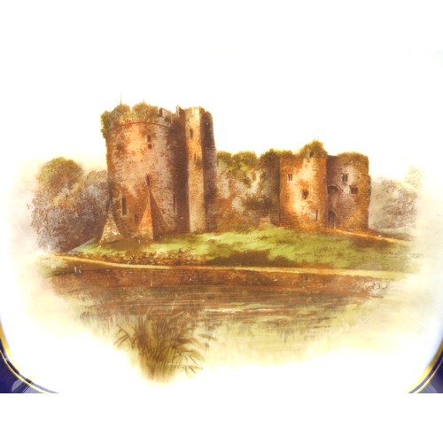 37 - A pair of Royal Worcester square plates, decorated with views of Chepstow and Ludlow castle to a cob... 