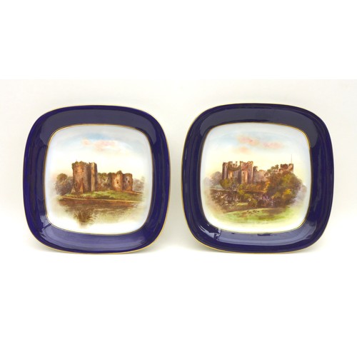 37 - A pair of Royal Worcester square plates, decorated with views of Chepstow and Ludlow castle to a cob... 