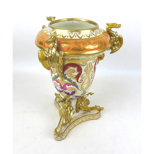 34 - A large early 19th century Derby Campana urn, applied with gilded mythical dragons to the rim and ba... 