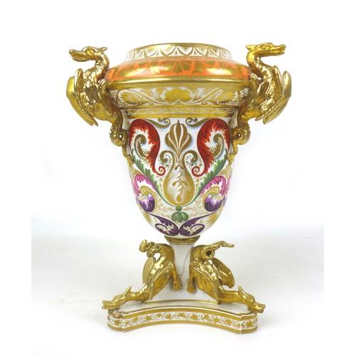 34 - A large early 19th century Derby Campana urn, applied with gilded mythical dragons to the rim and ba... 