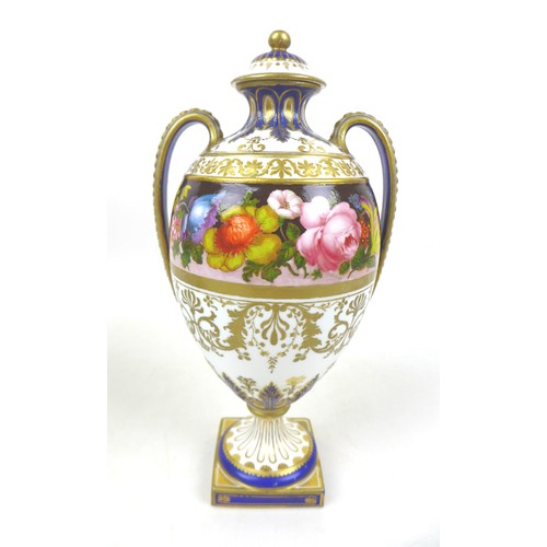 55 - A pair of Royal Crown Derby Albert Gregory lidded vases, of bulbous form, painted with a border of f... 