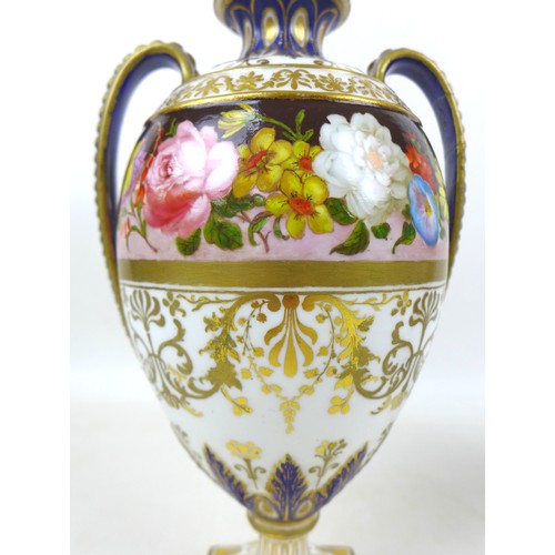 55 - A pair of Royal Crown Derby Albert Gregory lidded vases, of bulbous form, painted with a border of f... 