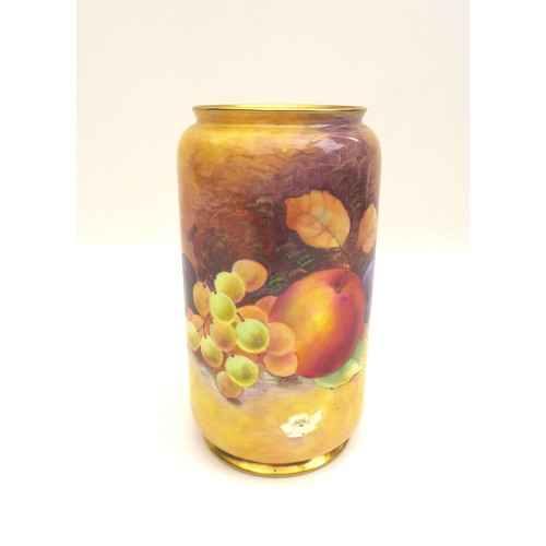 49 - A Paragon cylindrical vase by A. Holland, painted with plums, grapes and apples, in the Royal Worces... 