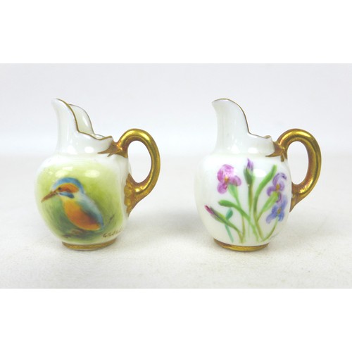 41 - Two Royal Worcester miniature jugs, one painted with a kingfisher, signed G. Banks, the other painte... 