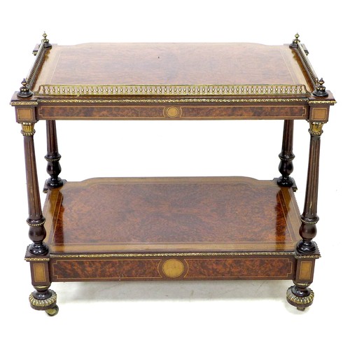 276 - A Victorian burr walnut veneered two tier whatnot, boxwood strung, and with gilt metal galleried top... 