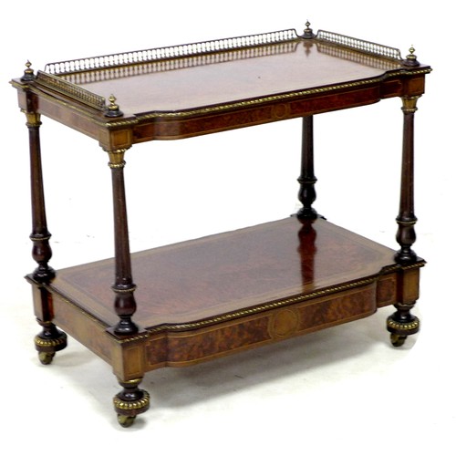276 - A Victorian burr walnut veneered two tier whatnot, boxwood strung, and with gilt metal galleried top... 