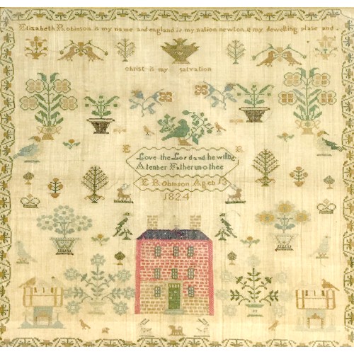 181 - A George IV sampler, by E. Robinson, Aged 13, dated 1824, 52.5 by 56.5cm, mounted, and with birdseye... 