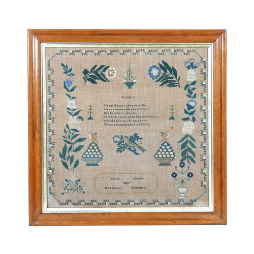 180 - An early Victorian sampler, by Mary Kinder, Wrenbury Seminary, dated 1839, 41.5 by 42.5cm, mounted, ... 