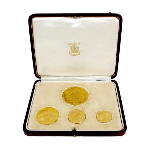 A George VI 1937 proof gold four coin specimen set, Royal Mint issue, comprising five pounds, two pounds (double sovereign), sovereign, and half sovereign, total weight 67.8g, in original red morocco leather case with gilt tooled GVIR royal cypher and 'Specimen Coins 1937' to the hinged cover, fitted internally with cream velvet, white silk above with gilt Royal Mint crest, 12.5 by 9.5 by 2cm.
Notes: proof quality but various light surface scratches evident as well as slight toning visible on all coins.