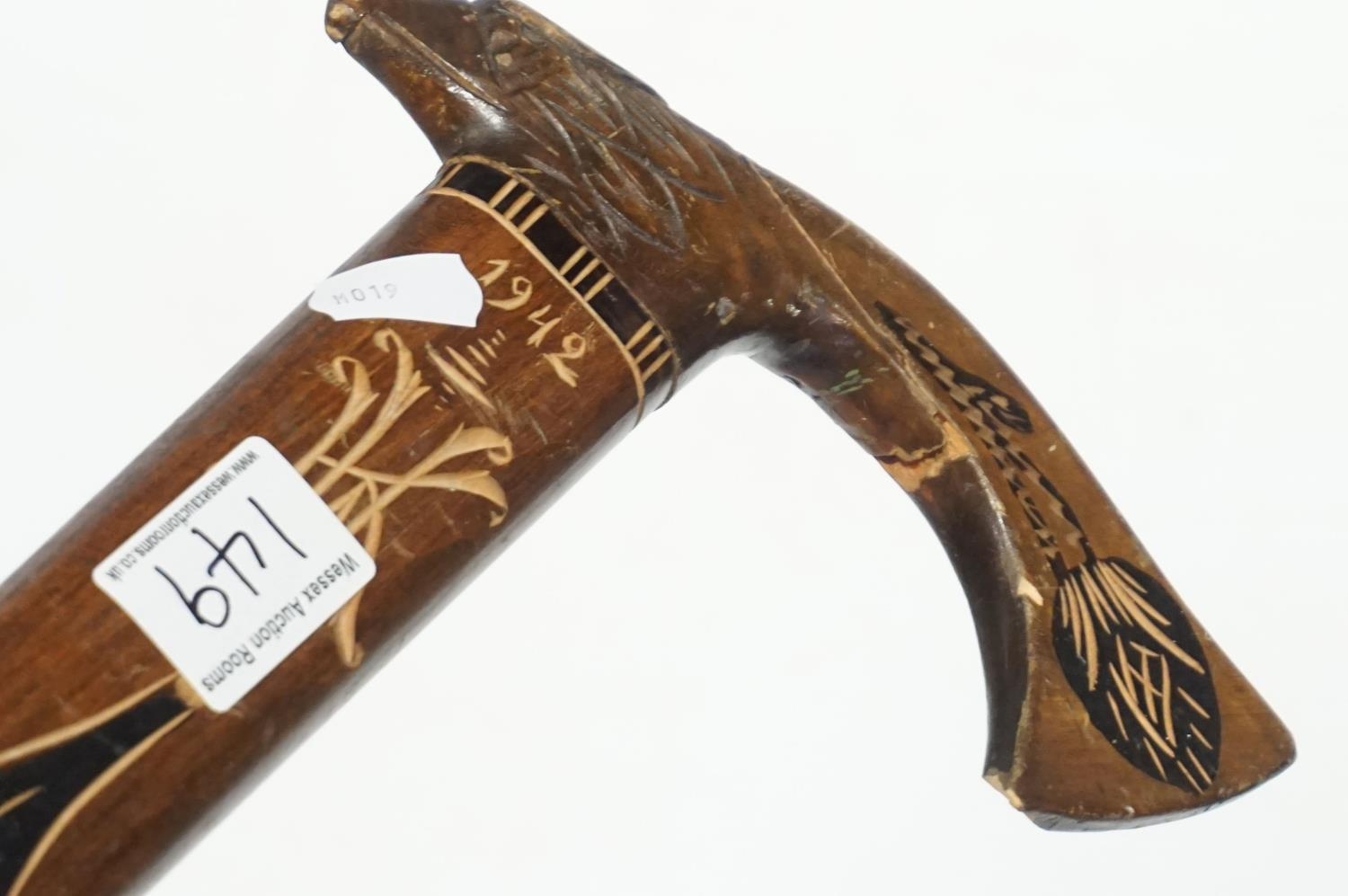 Polish Wooden Carved Alpine Walking Stick, the carved handle in the