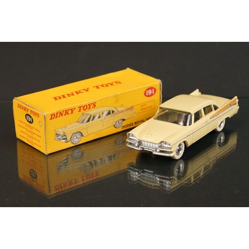 1385 - Boxed Dinky 191 Dodge Royal Sedan diecast model in cream, diecast vg with some marks to roof, gd box... 