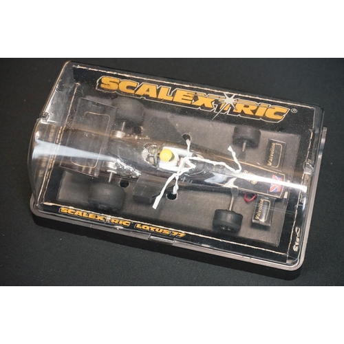 1290 - Seven boxed / cased slot cars to include 6 x Scalextric (Race Tuned C94 Mercedes in white, C134 Elf ... 